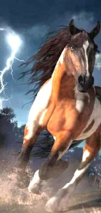 Transform your phone screen into a stunning live wallpaper! Witness a digital rendering of a brown and white horse galloping through fields amidst bright lightning bolts, presented in three panels full of action scenes