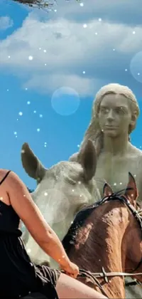 This phone live wallpaper depicts a grand statue of a woman riding a horse within the deep blue ocean