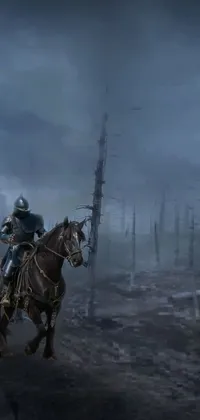 Enjoy a stunning live wallpaper of a man on horseback galloping through a forest