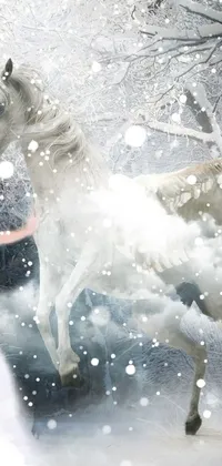 This stunning live wallpaper showcases a woman and her white horse in a snowy forest