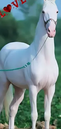 This phone live wallpaper features a white horse in a digital painting, set in a dirt field