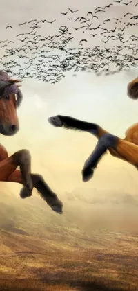 This phone live wallpaper showcases two majestic horses fiercely battling it out in an open field
