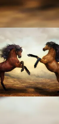 This phone live wallpaper features two horses engaged in a fierce battle in a green field