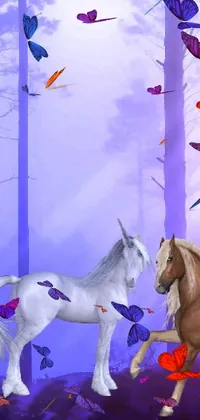 Enhance your phone screen with the stunning live wallpaper featuring two serene horses standing against a breathtaking forest backdrop