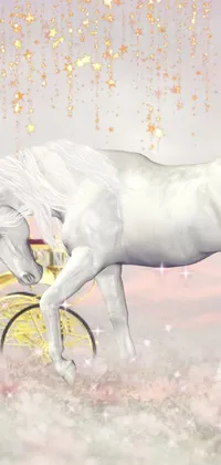 Looking for a magical live wallpaper for your phone? This high quality stock photo features a stunning white horse pulling a gleaming silver carriage, set against a beautiful rainbow and fairy tale style background