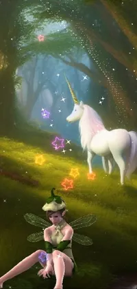 This live phone wallpaper features a magical fairy sitting peacefully next to a majestic unicorn in a forest scene