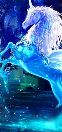 This stunning live wallpaper features a majestic unicorn standing on its hind legs in water, with luminescent blue eyes and a white, flowing mane and tail