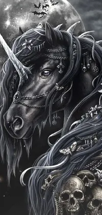 This striking phone live wallpaper showcases a black horse surrounded by an eerie gothic forest