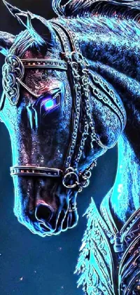 This live phone wallpaper features a stunning close-up of a majestic horse with blue and ice silver color armor, set against a black background