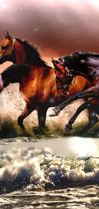 This stunning phone live wallpaper features a beautifully rendered digital image of two powerful horses galloping through water