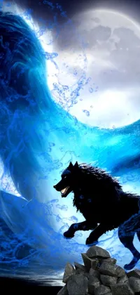This phone live wallpaper portrays a powerful wolf standing on rocks
