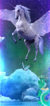 This stunning phone live wallpaper depicts a white unicorn soaring over a glittering body of water, accompanied by flying electric cats and a green dragon
