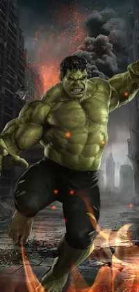 This lively phone wallpaper showcases digital art of a raging Hulk running through a busy city