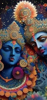 This phone live wallpaper offers a mesmerizing painting of two majestic women in a psychedelic and highly detailed style