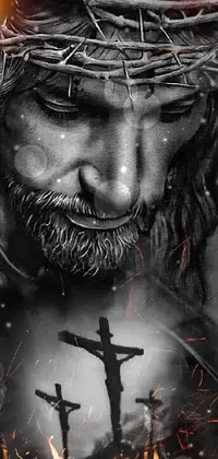 This live wallpaper for your phone features a striking charcoal drawing of a man with a crown of thorns on his head, portraying the iconic moment of Jesus Christ on the cross