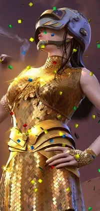 This phone live wallpaper showcases a goddess-like woman in a gold dress holding a glass of wine and a pistol