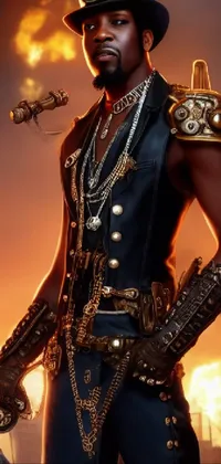 This phone live wallpaper showcases a 3D render of a bald male swashbuckler in a top hat, holding a gun