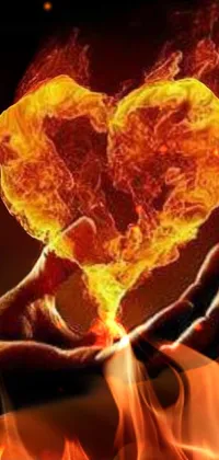 This phone live wallpaper features a captivating image of a hand holding a burning heart, enveloped in phoenix flames