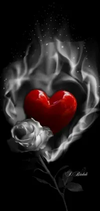 This stunning phone live wallpaper depicts a red heart and white rose set against a bold black background, with vibrant flames adding a touch of excitement