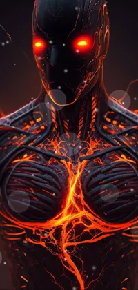 This phone live wallpaper showcases a glowing humanoid figure with fiery red eyes, detailed with symbiote patterns, wire elements, and cyborg features