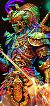 This captivating phone live wallpaper features a close up of an intricate statue of a sword-wielding person, inspired by psychedelic art