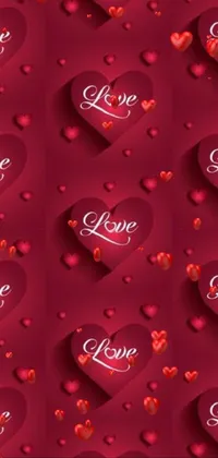 This love-inspired live phone wallpaper features a red background with floating hearts and an elegant white script that spells out the word "love"