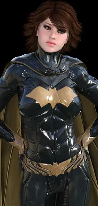 Looking for an amazing phone wallpaper that combines Batman with the futuristic feel of a gynoid body? Look no further than this stunning live wallpaper! Featuring a woman in a black and gold Batman costume with her hands on her hips, this wallpaper also includes a detailed 8K cityscape behind her, complete with the iconic Bat-signal shining bright in the night sky