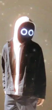 This phone live wallpaper artfully combines a man in a gas mask, a futuristic hologram, and a playful character wearing a hoodie
