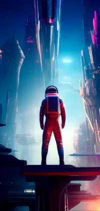 This space-themed phone live wallpaper features an astronaut in a futuristic space suit standing on a platform against a neon city backdrop