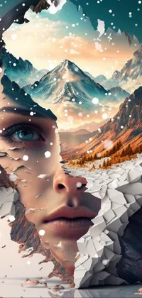 This phone live wallpaper features a close-up view of a human face with a stunning mountain range in the background