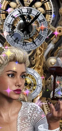 This stunning phone live wallpaper showcases a mesmerizing close-up portrait of a woman standing in front of a clock
