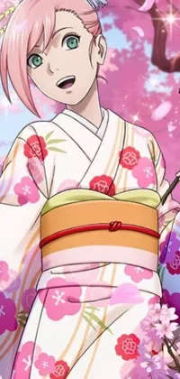 This live phone wallpaper showcases a traditional Japanese scenery with a woman in a pink kimono standing in front of a blooming cherry tree alongside a man in a blue kimono