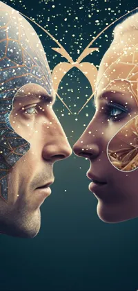 This phone live wallpaper showcases digital art with a man and a woman facing each other