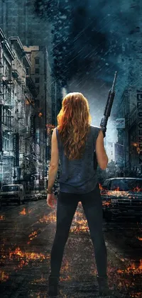 This phone live wallpaper captures the essence of an action-packed city street with a woman holding a gun amidst heavy fire