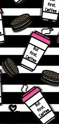 Bring some fun and style to your phone with this cute live wallpaper featuring a playful pattern of coffee and cookies on a black and white striped background