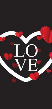 This phone live wallpaper features a bold red heart with the word "love" written in white cursive surrounded by varied pink, red, and white hearts on a black background with white and thin red borders