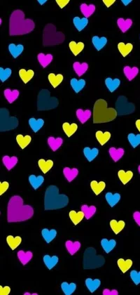 This live wallpaper features a striking black background adorned with an array of vividly colored hearts