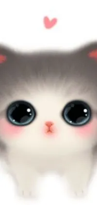 This live wallpaper features an endearing kitten with large eyes and a heart on its head, gazing at the camera with a sorrowful expression