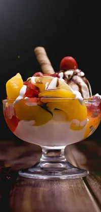 This phone live wallpaper depicts a bowl of fruit and ice cream presented on a table