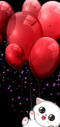 Enhance the look of your phone with an adorable live wallpaper featuring a white cat on top of red balloons