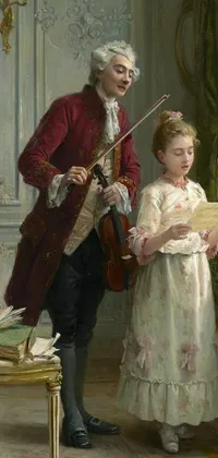 This phone wallpaper features a lovely painting of a man and a girl playing music in a room with a piano and a chair