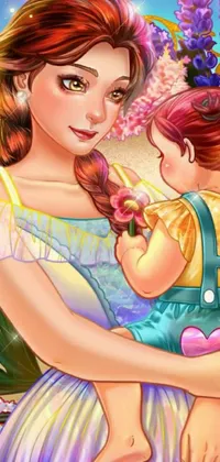 This mobile wallpaper features a stunning illustration of a woman holding a baby, surrounded by beautiful flowers