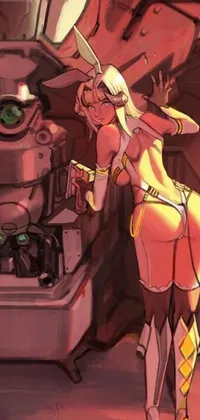This sci-fi phone live wallpaper depicts a colorful cartoon woman in a futuristic outfit, standing in a high-tech room with machinery in the background