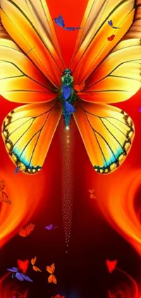 This phone live wallpaper depicts a beautiful butterfly on a red background