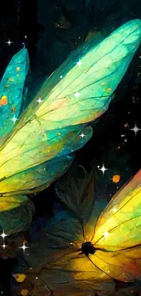 This mesmerizing phone live wallpaper features colorful mosquito wings on a bed of green leaves