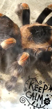 This live phone wallpaper features a large brown tarantula sitting on a sandy ground