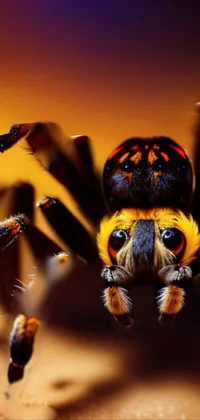 This stunning live phone wallpaper features a up-close shot of a colorful spider on a table