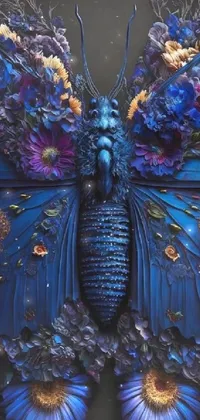 This phone live wallpaper showcases an intricate painting of a blue butterfly adorned with exquisite flowers