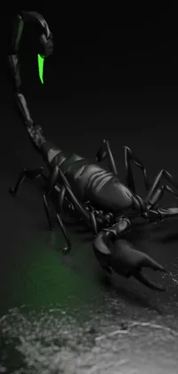 This phone live wallpaper features a highly detailed, 3D render of a scorpion in close-up on a surface