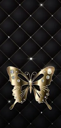 This phone live wallpaper boasts a stunning gold butterfly with intricate diamond detailing, set against a sleek black background
